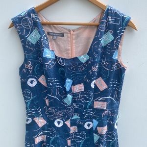 Laura Ashley Womens 6 Blue 100% Linen Travel Nautical Sail Boat Print Sundress